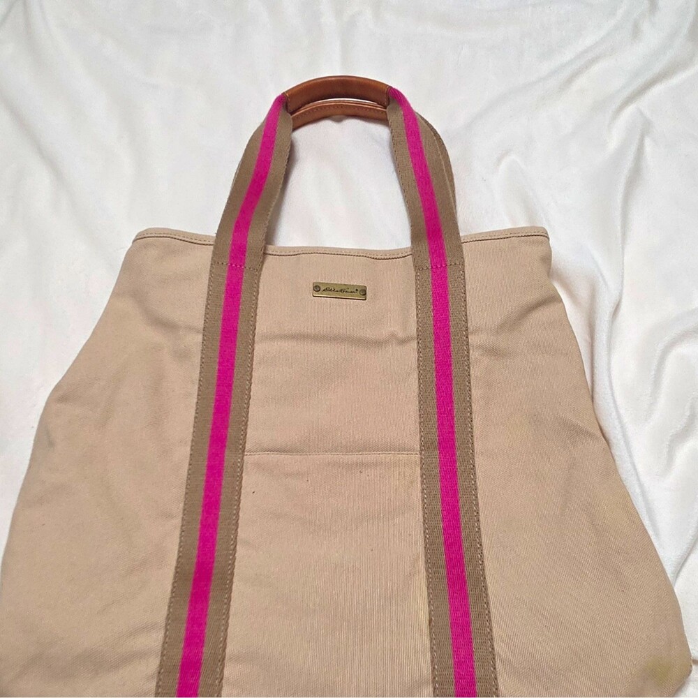 Eddie Bauer Women's Beige Striped Tote Bag Double Handles Snap Closure Lined